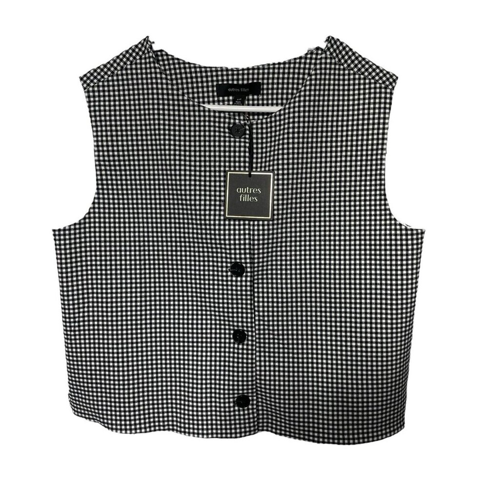 Autres Filles Gingham Vest Women’s S Black White Boxy Preppy Academia - Picture 1 of 7